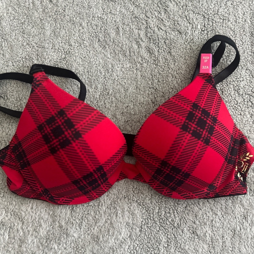 Pink Victoria Secrets Red and Black Plaid Underwire Bra with Adjustable Straps